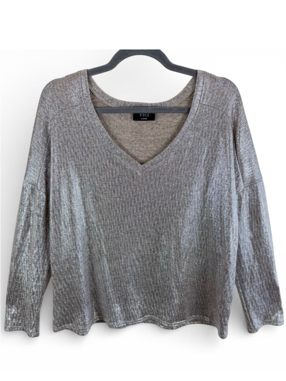 VICI Metallic Silver V-Neck Relaxed Knit Pullover Top Large Shimmer Glitz Glam